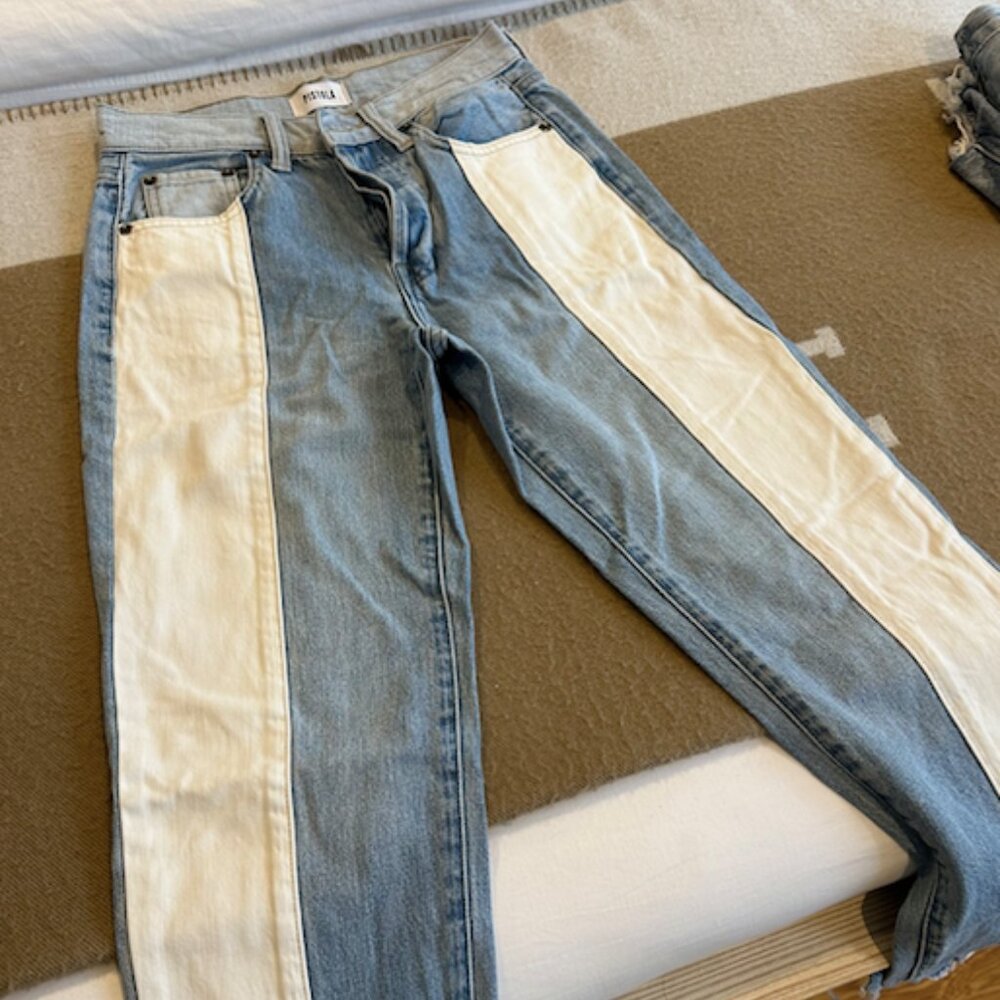 Pistola White/Light Wash Jean Color Block Straight Leg Jeans